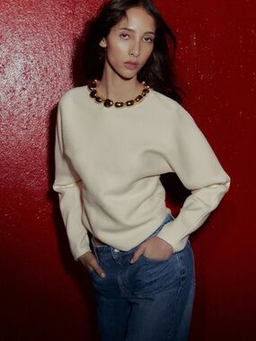 Zara Cream Long Sleeves Sweater With Gold Beads Size Medium NWT